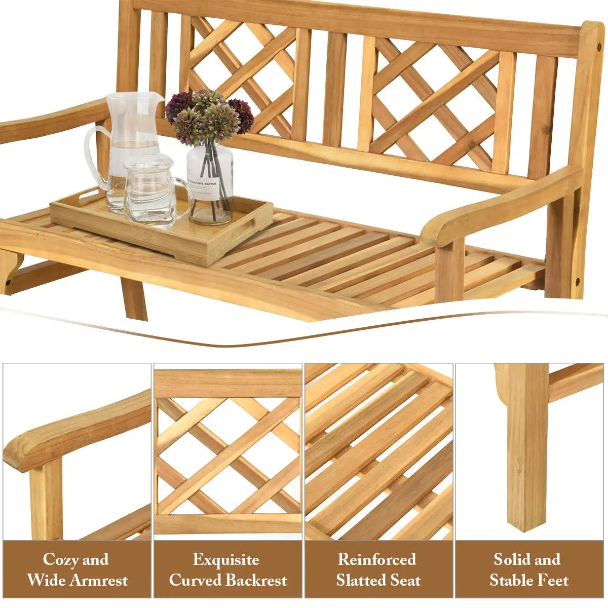 4 Ft Foldable Outdoor Bench, Acacia Wood Outside Loveseat with Curved Backrest and Armrest, Customized