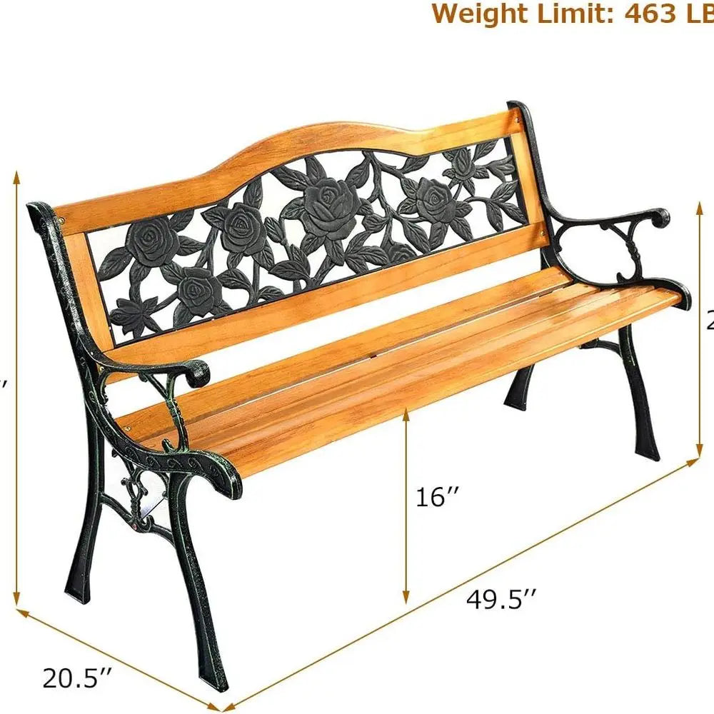 50 Cast Iron & Hardwood Patio Loveseat, Weather-Resistant Outdoor Bench for 2, Suitable for Porch and Garden