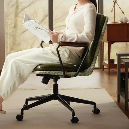 Comfortable Genuine Leather Chair Steel-Legged Adjustable Swivel Seat Ergonomic Desk Chair for Prolonged Sitting