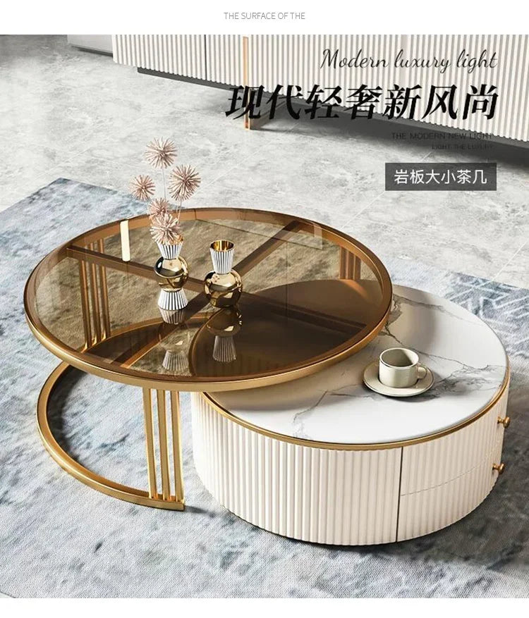 a163  round Glass Stone Plate Coffee Table Modern Minimalist Living Room Home Retractable Size Combination