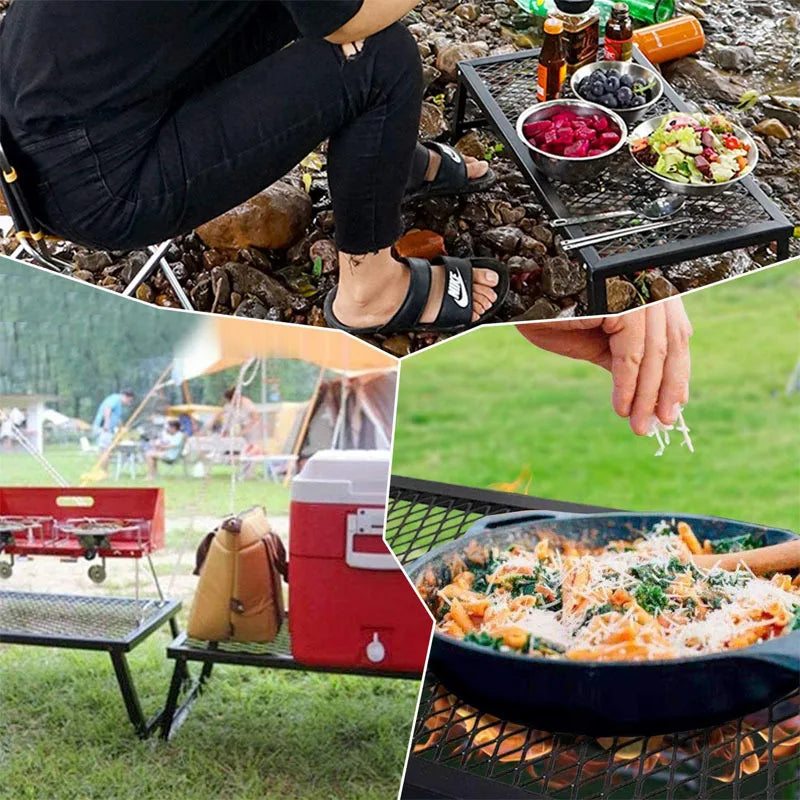 Outdoor Camping Table Mini Wrought Iron Folding Table Storage Barbecue Multi-functional Barbecue Net Table with Wooden Edge