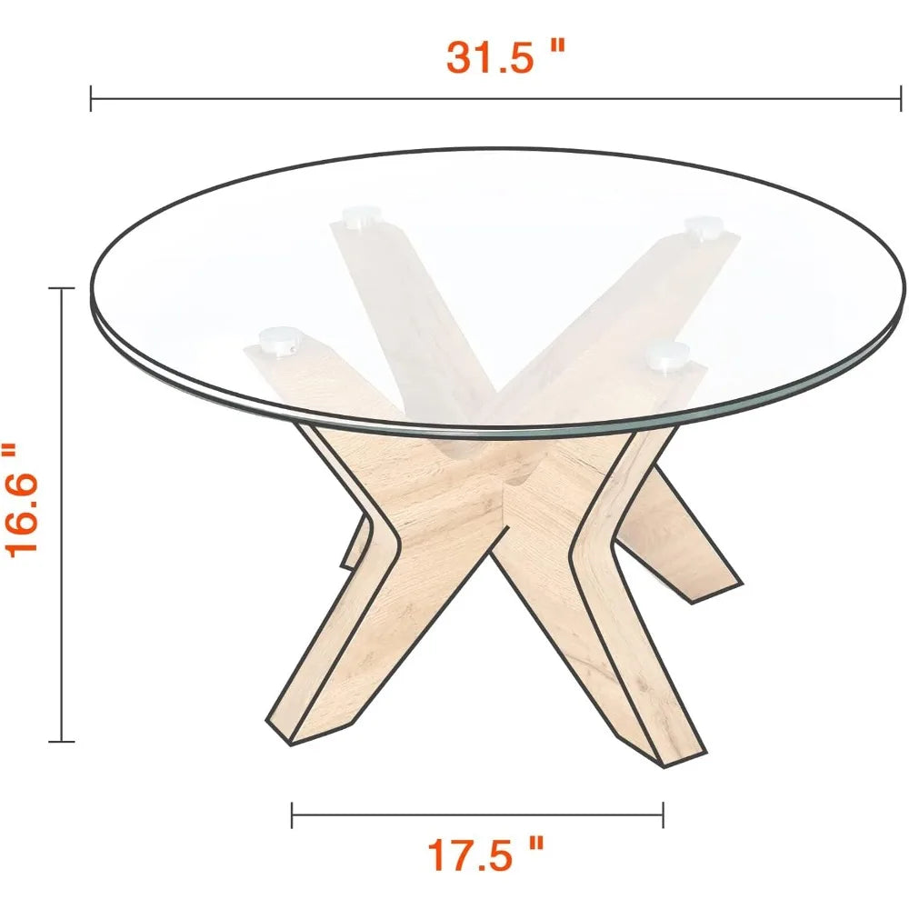 Round Glass Coffee Table, 31.5 in Clear Accent Table Cocktail Table with MDF Leg and Tempered Glass Top