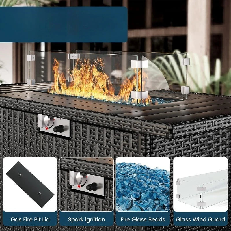 7 Piece Patio Furniture Set with Fire Pit Table, Outdoor Sectional Conversation Sets Black Wicker Rattan Sofa with Coffee Table