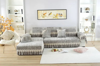 Embroidery Lace Sofa Cushion Gold Velvet Hemline Sofa Cover Autumn Winter European Couch Cover Solid Color Checkered Sofa Mat
