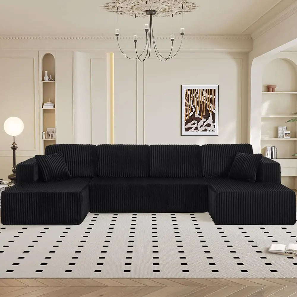 Modern Minimalist Sectional Sofa: L-Shape Cloud Couch with Deep Seats Right Chaise - Black