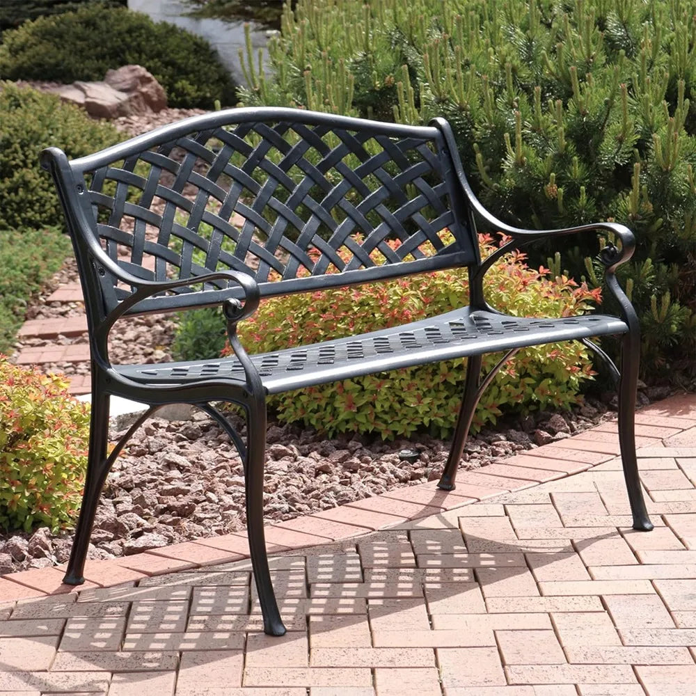 Sunnydaze 39-Inch Outdoor Bench for Patio or Park - Metal Garden Bench for Outdoors - Front Porch or Backyard Seat for Two - Bla
