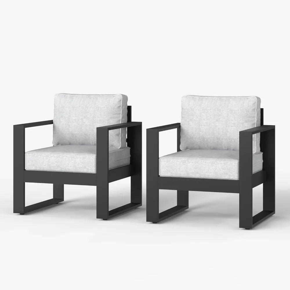 Outdoor Patio Aluminum Chair Modern Metal Armchair Set of 2 with Washable Thick Cushions