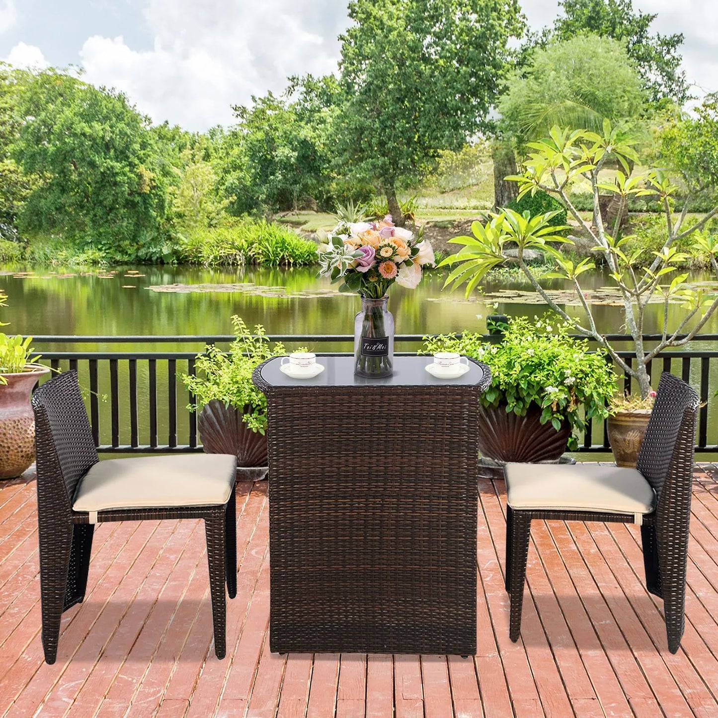 Garden Furniture Sets3PCS Outdoor Rattan Coffee Table Set No Assembly Needed Modern Patio Dining Furniture