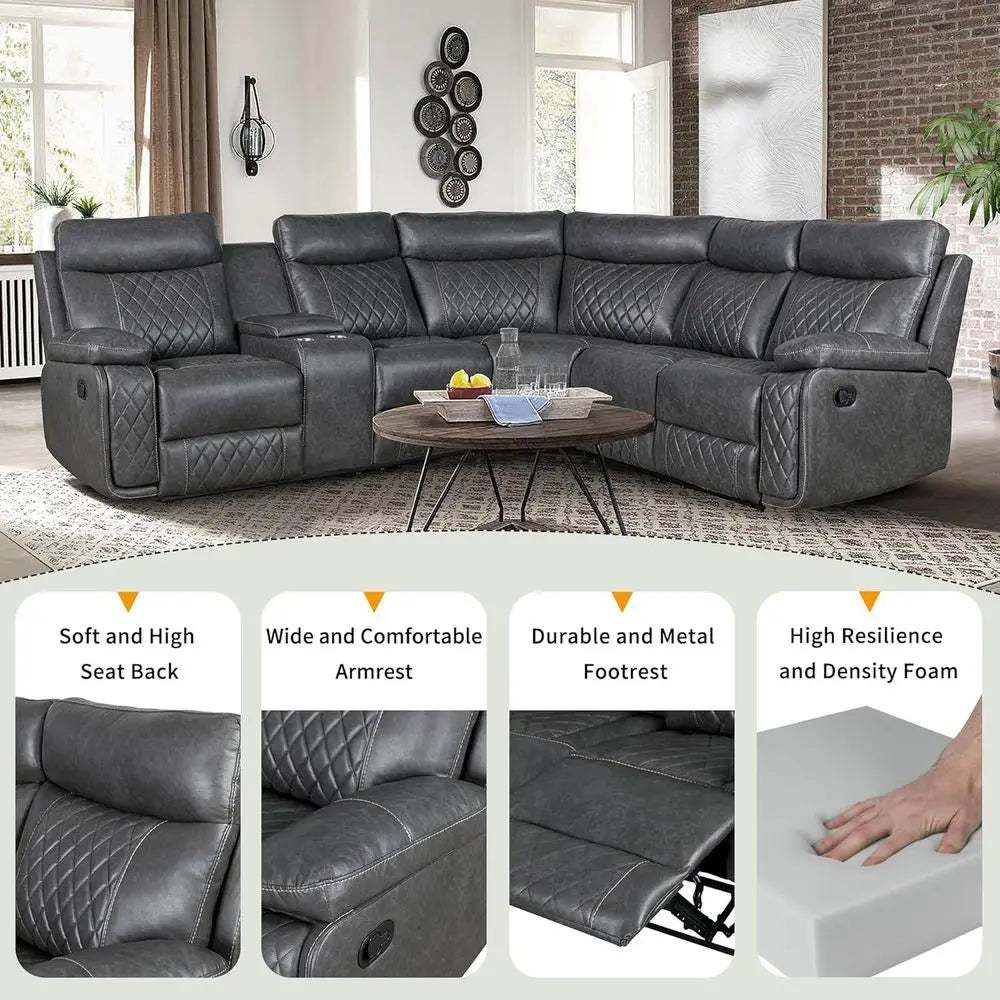 Manual Reclining L-Shaped Leather Sectional Sofa with Storage and Cup Holders for Home Theater Living Room