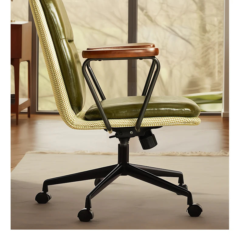 Comfortable Genuine Leather Chair Steel-Legged Adjustable Swivel Seat Ergonomic Desk Chair for Prolonged Sitting