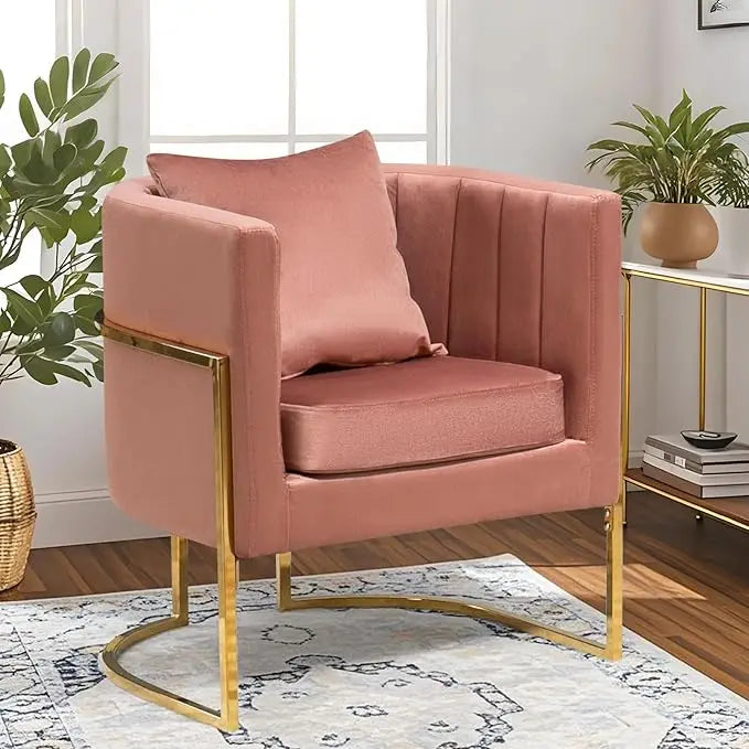 Mid-Century Velvet Accent Chair with Barrel Arms, Upholstered for Comfort, Gold Legs, White for Living/Bedroom，Customized