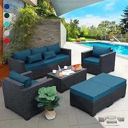 Outdoor Patio Wicker Furniture Set: 6-Piece PE Rattan Conversation Sectional Sofa with Royal Blue Cushions