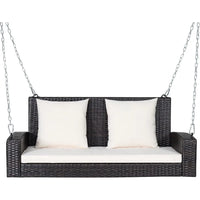 2-Seat Outdoor Porch Swing with Rattan Wicker Design and Solid Steel Chains Includes Comfortable Back and Seat Cushions in Beig