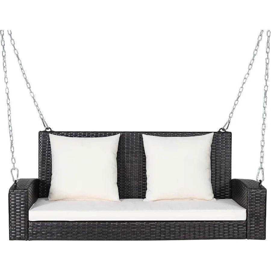 2-Seat Outdoor Porch Swing with Rattan Wicker Design and Solid Steel Chains Includes Comfortable Back and Seat Cushions in Beig