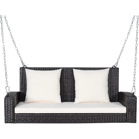 2-Seat Outdoor Porch Swing with Rattan Wicker Design and Solid Steel Chains Includes Comfortable Back and Seat Cushions in Beig