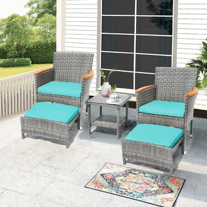 5 PCS Outdoor Patio Set with Table & Ottoman, Gray Wicker & Green Cushion Bistro Furniture