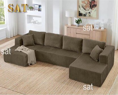 Comfy Boneless Sectionals For Living Room, Plush Corduroy Couch With Comfy Chaise Lounge, U Shaped Sectionals Foam Couches