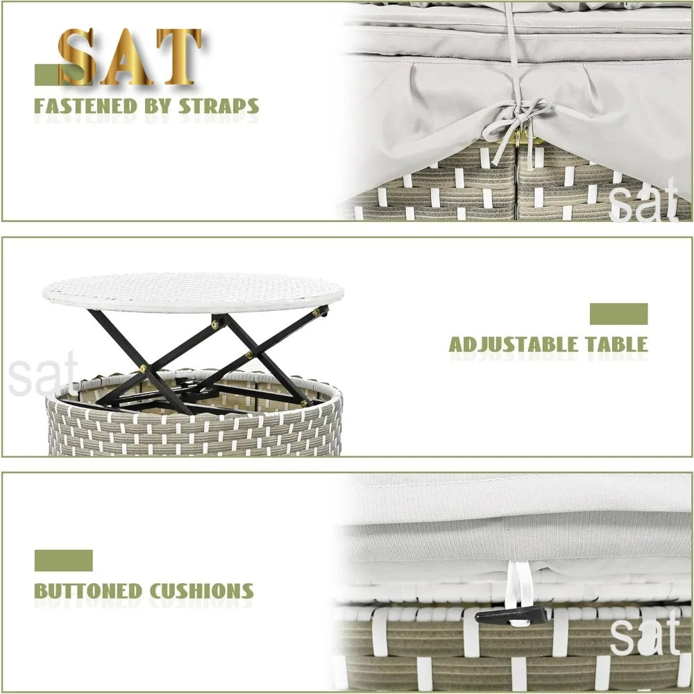 %a Patio Rattan Sunbed with Retractable Canopy, Round Outdoor Sectional Sofa Set with Separate Seating,liftable Table and Remov