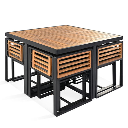 9-Pieces Acacia Wood Patio Dining Set, Space Saving Outdoor Patio Set, 4 Cushioned Chairs & 4 Ottomans & 1 Square Table