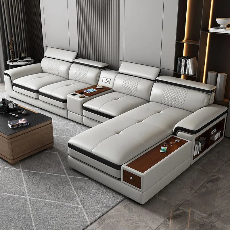 Stylish  Leather Sofa for Living Room with Cup Holder, USB, Adjustable Headrests & Bluetooth Speaker
