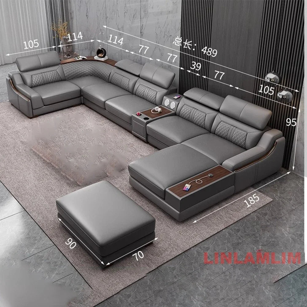 Modern U-Shaped Sectional Sofa Set with Chaise Lounge, Genuine Leather Couch with Storage Table, USB – Big Living Room Furniture