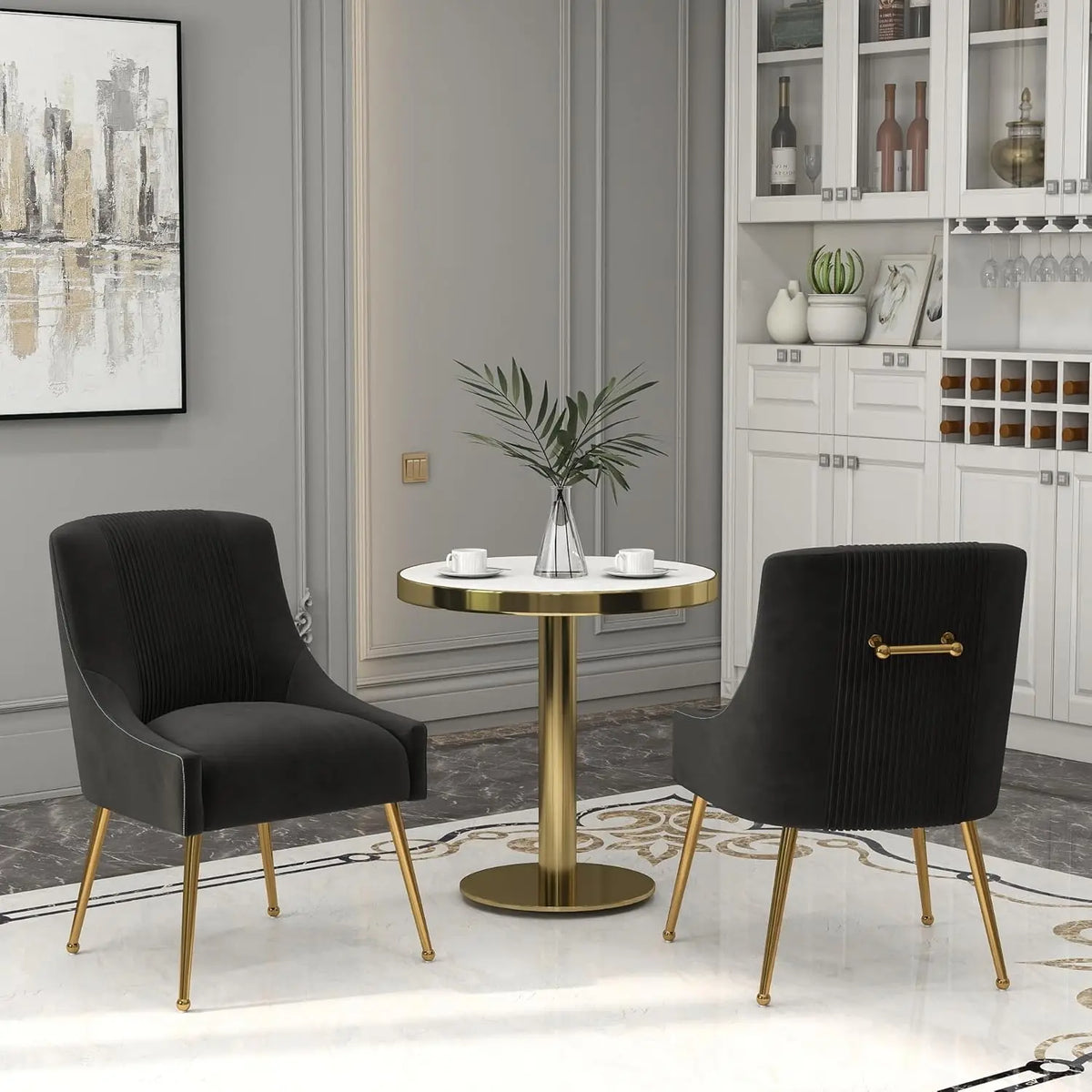 Modern Velvet Dining Chairs Set of 2 with Gold Legs, Tufted Black Upholstered Chairs for Living Room, Study, Reception