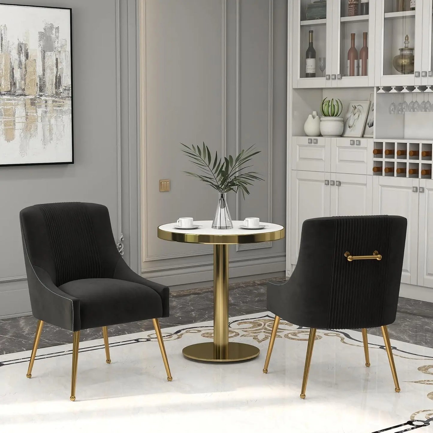 Modern Velvet Dining Chairs Set of 2 with Gold Legs, Tufted Black Upholstered Chairs for Living Room, Study, Reception