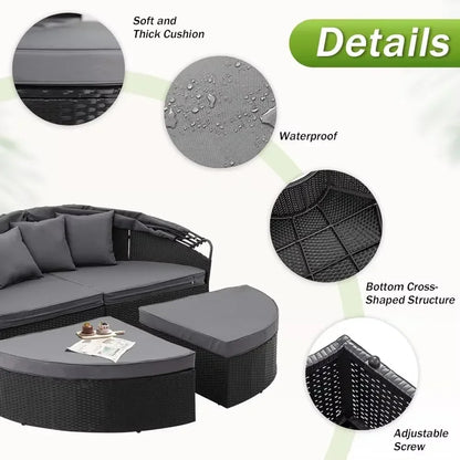 Nordic luxury Leisure Round Daybed with Retractable Canopy,Outdoor Furniture with Washable Cushions, Clamshell Sectional Seating