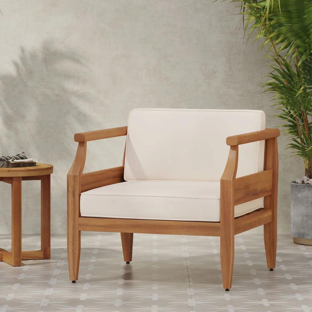 Outdoor Acacia Wood Lounge Armchair with Water Resistant Cushion, Modern Club Chair for Garden Patio Backyard Poolside