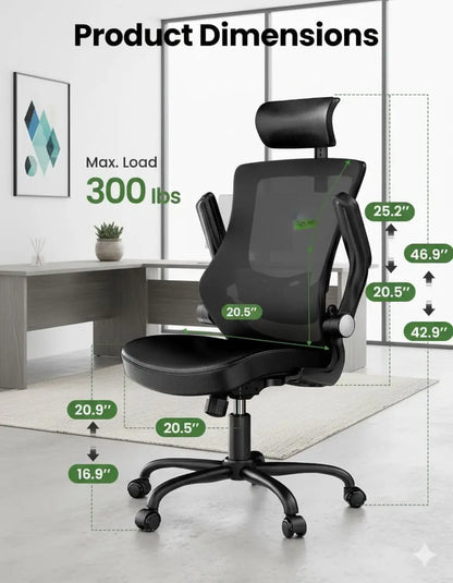 Ergonomic Office Chair with Mesh Back, Adjustable Lumbar Support & Flip-up Armrests – Bright Black