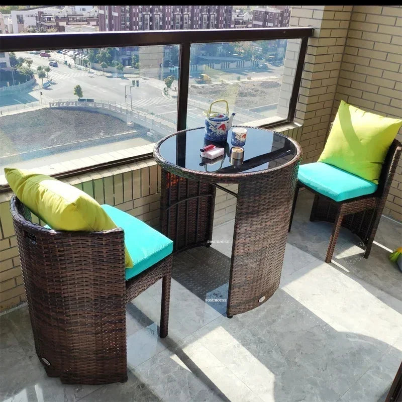 Balcony Rattan Garden Furniture Set 3-piece Patio Leisure Table and Chairs Courtyard Terrace Outdoor Round Table and Chairs T