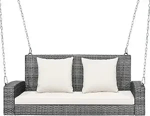 2-Person Outdoor Swing Bench with Cushions, Rustproof Metal Frame, Comfortable PE Rattan Seat and Backrest for Porch Relaxation