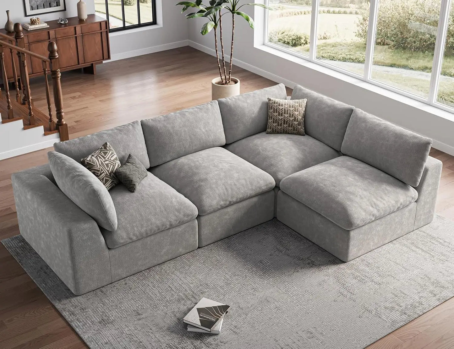 120" Cloud Sectional Couch | Oversize Boneless Couches for Living Room | 4 Seater Modern L-Shape Sofa | Ivory White, Customized
