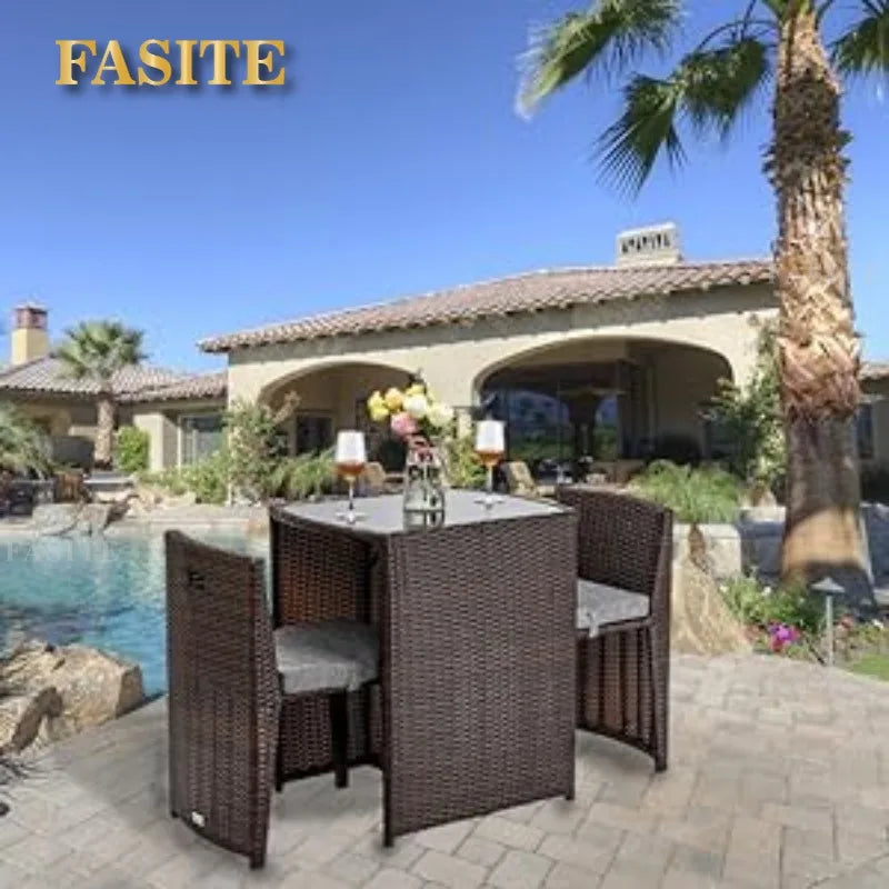 Outdoor Table, 3 PCS Wicker Outdoor Patio Set, with Glass Top Table Dining Chairs, Tables and Chairs Set of 2