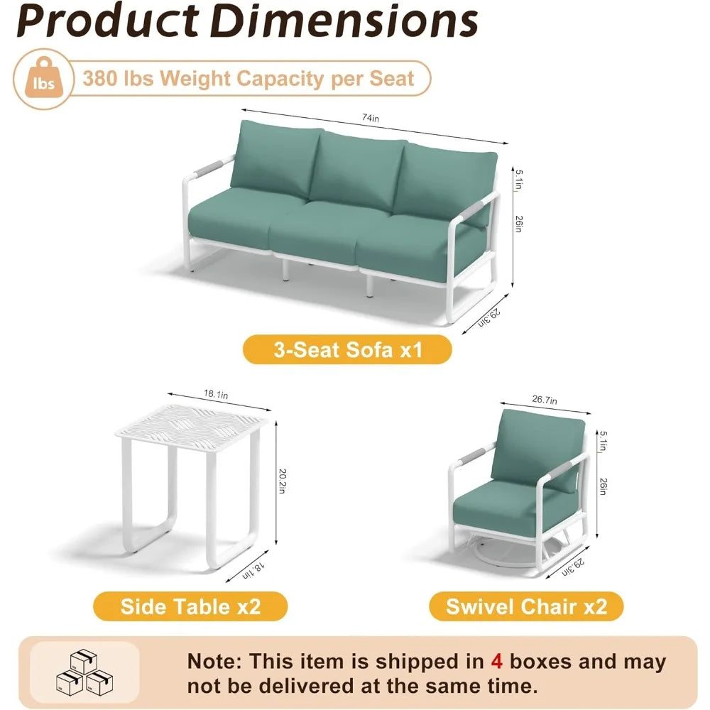 Outdoor Aluminum Patio Furniture Set, 5-Seats Patio Conversation Sofa Set with 2 Swivel Rocking Chairs and 2 Coffee Tables,