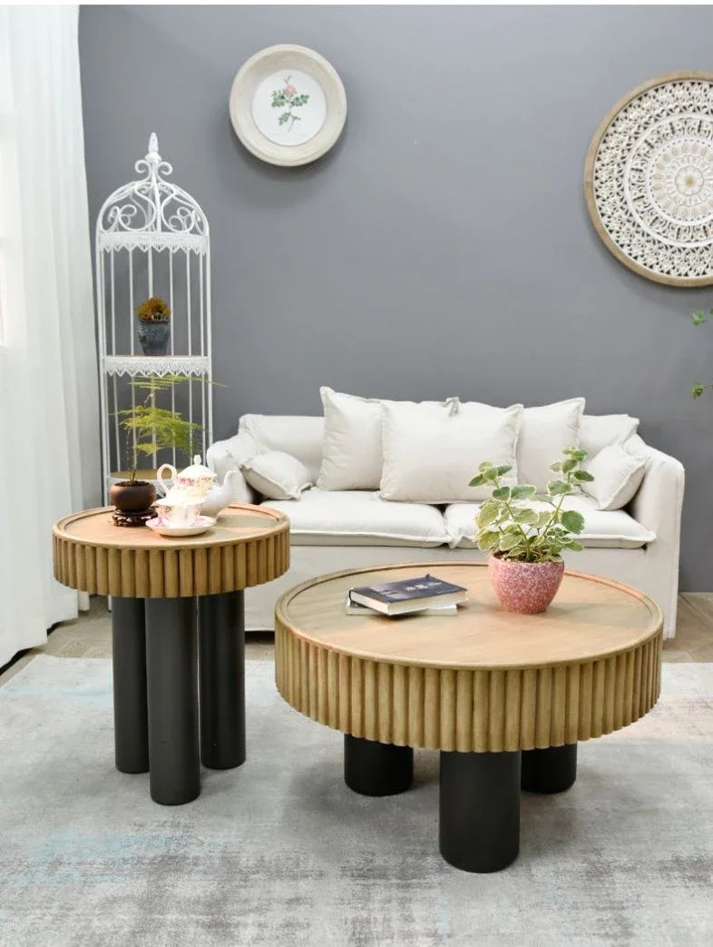 New arrivals pastoral style living room furniture rustic round wood carved coffee table with 3 legs
