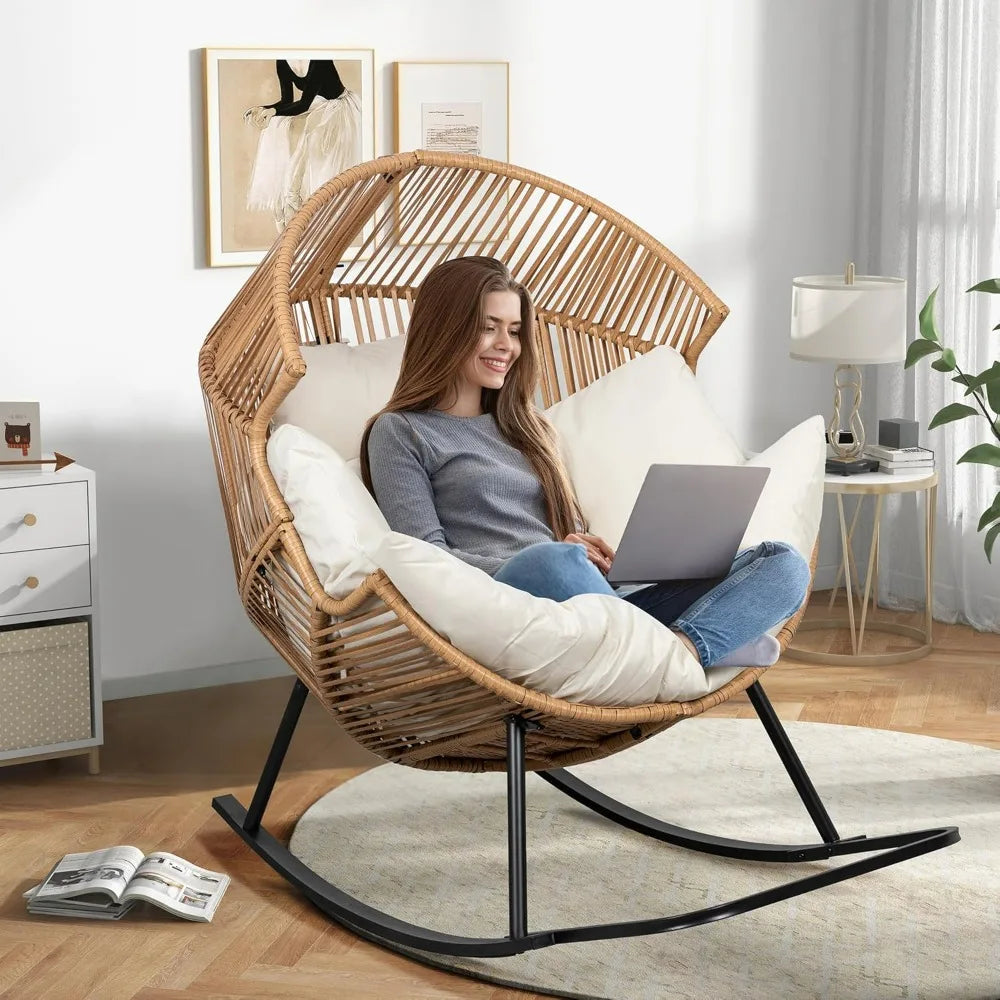 Hot-Large Cushioned PE Rattan Rocking Chair For Indoor And Outdoor Use: Perfect For Patios And Balconies