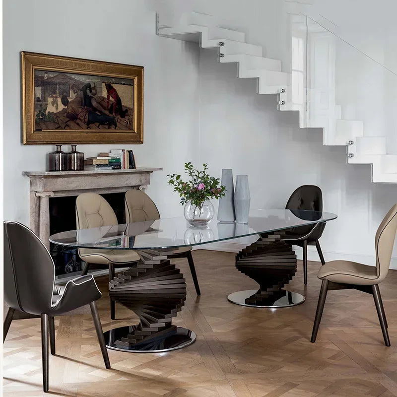 cc182l Italian minimalist curved design tempered glass round table solid wood special-shaped creative rotating ladder dining tab