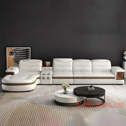 Modern L-Shaped Sectional Sofa with Chaise, Luxury Italian Genuine Leather Couch with adjustable headrest, Storage, USB, Console