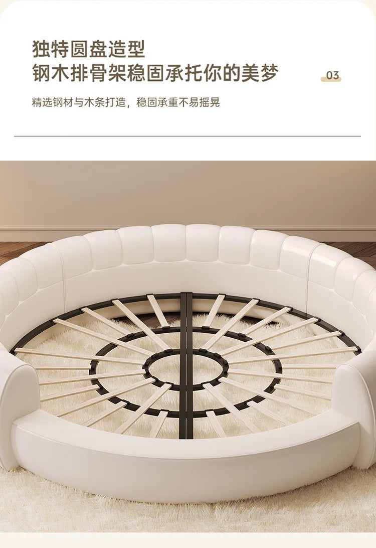 X 2.2×2m Master Bedroom Big Round Bed Modern Hotel Guest House Cream Wind Luxury White Leather Full Bed Frame Lazy Cloud Section