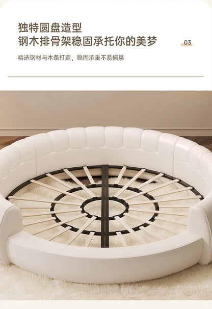 X 2.2×2m Master Bedroom Big Round Bed Modern Hotel Guest House Cream Wind Luxury White Leather Full Bed Frame Lazy Cloud Section