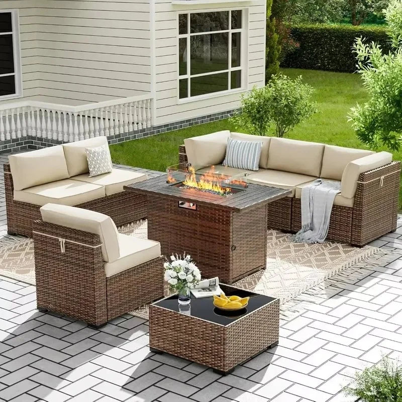 8-Piece Patio Set with 44" Fire Pit Table, Outdoor Couch and Glass Coffee Table, Includes 2 Waterproof Covers