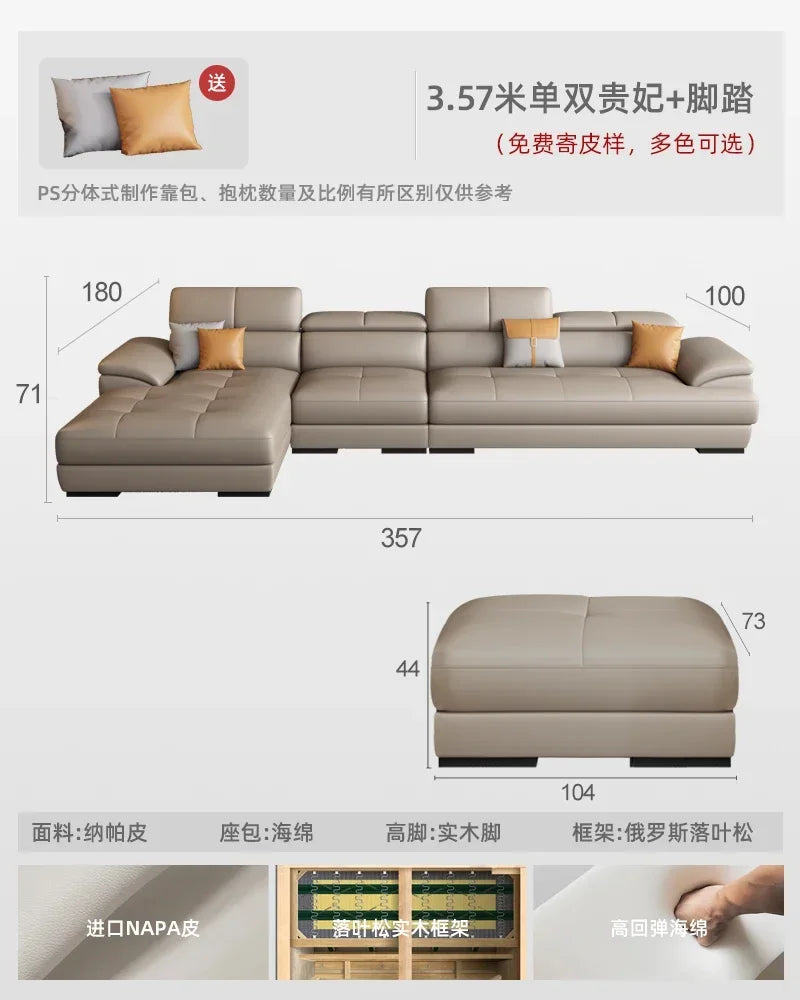 Nordic leather sofa with cowhide top layer, simple modern size, living room, Italian minimalist cream style leather sofa