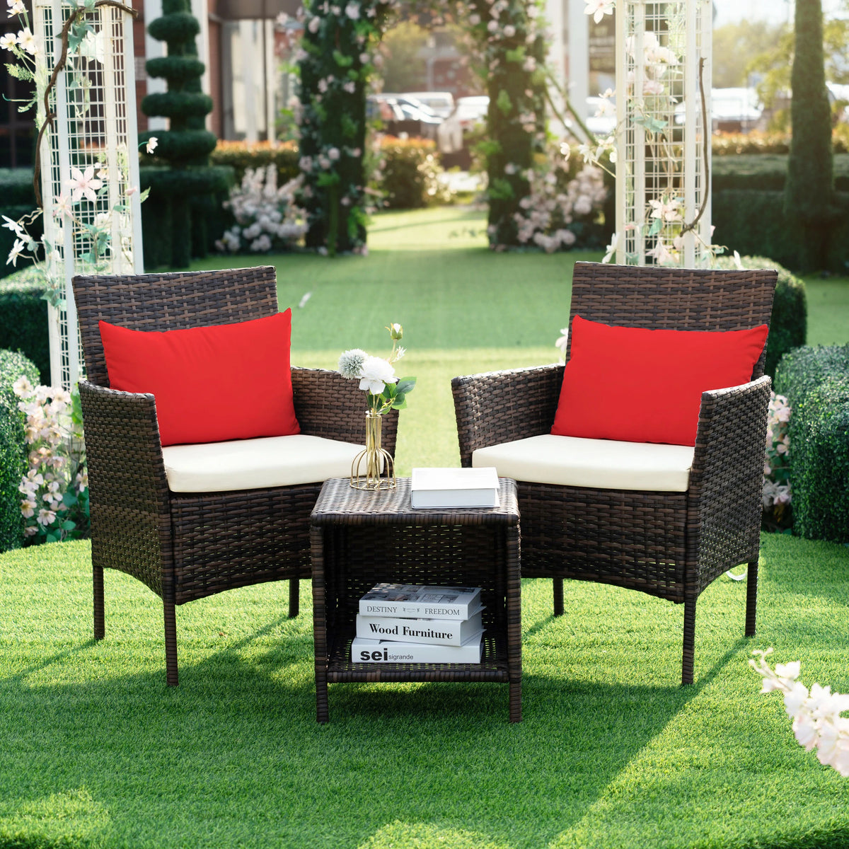 3 Piece Patio Conversation Bistro Set, Porch Balcony Furniture Set Outdoor Chat Furniture, Wicker Chairs and Storable Table Set