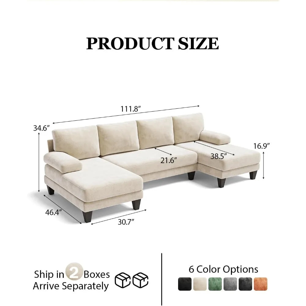 u-shaped sectional couches for living room | 112 inch sectionals couch | beige cheille sofa with double chaise for apartment