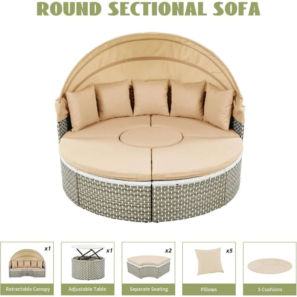 All-Weather Patio Round Outdoor Sectional Sofa Set with Retractable Canopy,Rattan Daybed Two-Tone Weave Sunbed with Separate Se