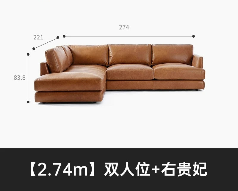 leather sofa, antique milk brown first layer cowhide L-shaped concubine seat in the living room, American retro leather sofa