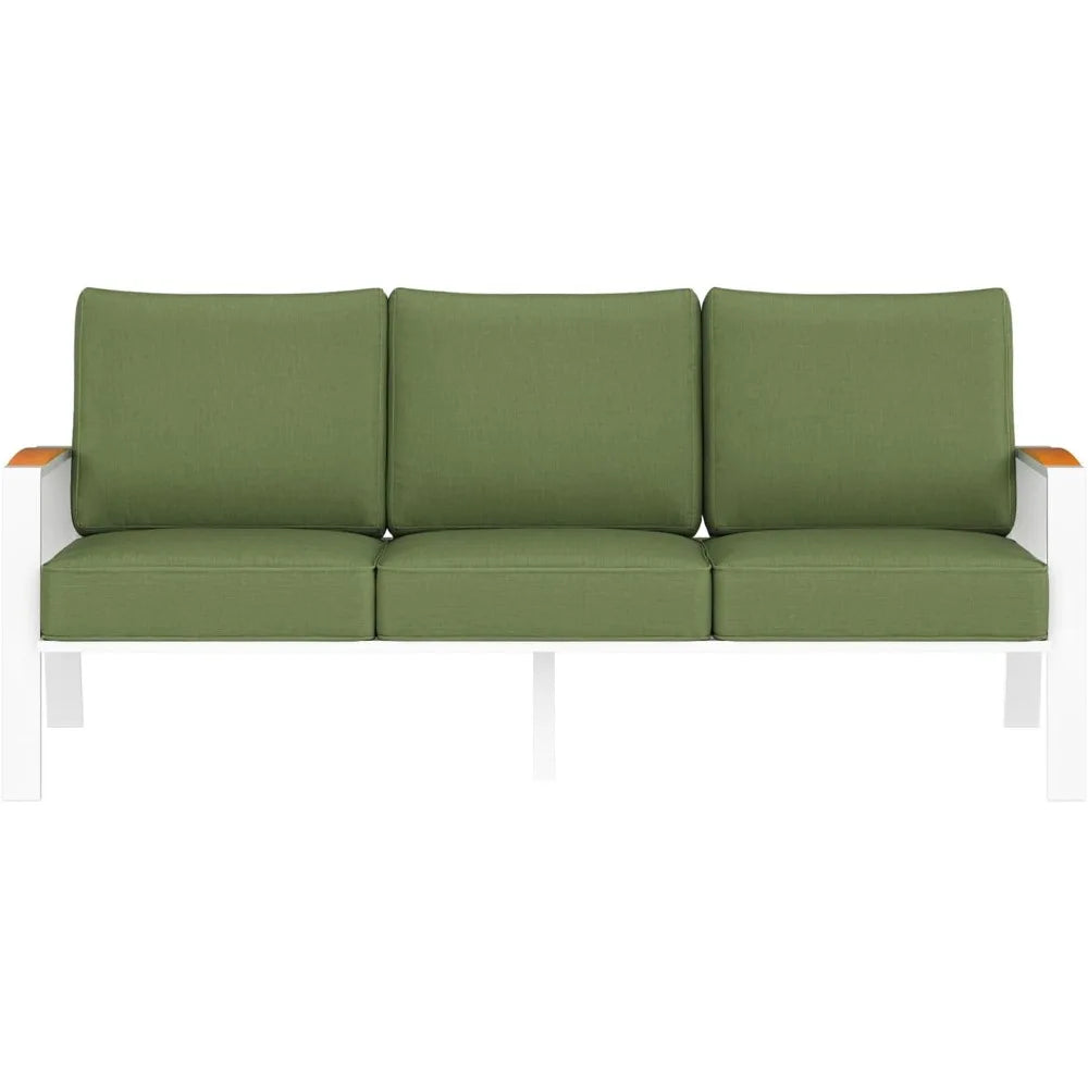 Outdoor Couch Aluminum Patio Furniture Set, All-Weather Metal 3-Seat Sofa with Solid Teak Armrest and Thick Cushions, Green