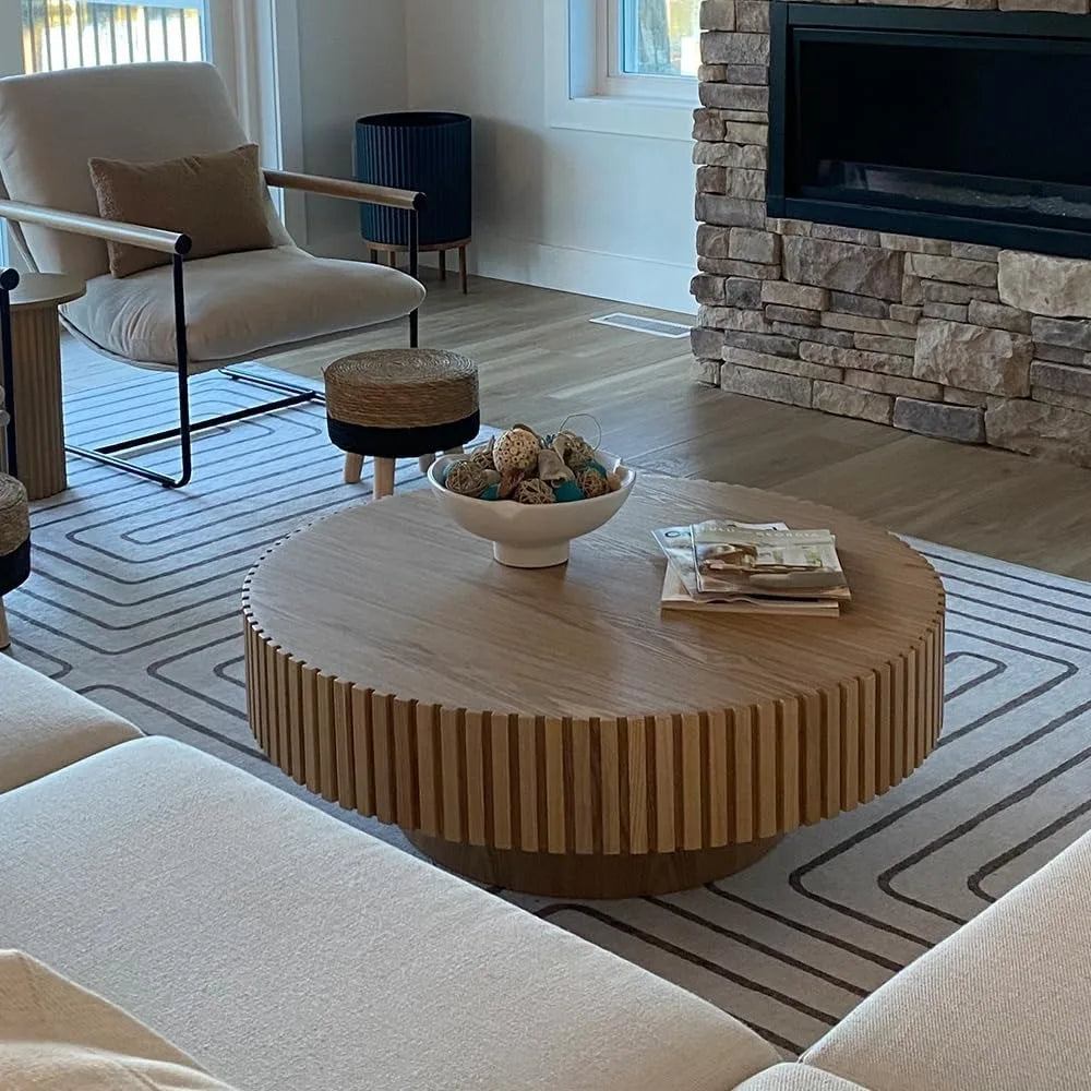 Round Coffee Table for Living Room Contemporary Wood Circle Fluted Coffee Table for Apartment, Easy Assembly - HOME