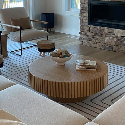 Round Coffee Table for Living Room Contemporary Wood Circle Fluted Coffee Table for Apartment, Easy Assembly - HOME
